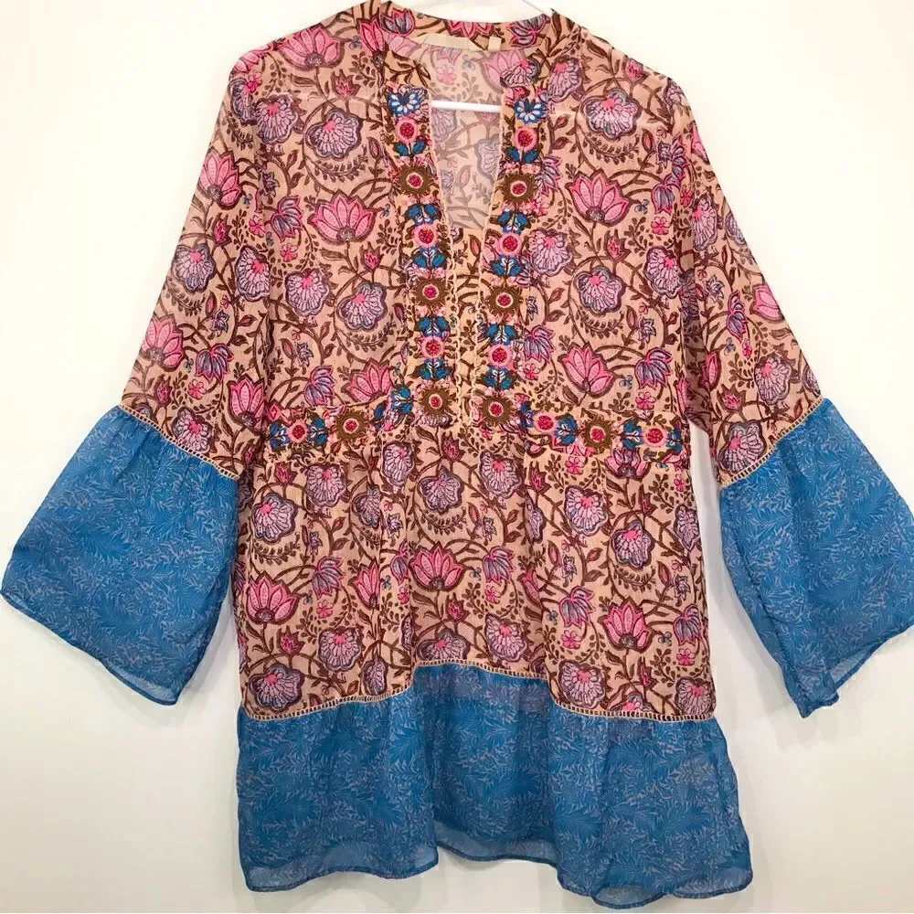 Soft Surroundings Pergola Blue Pink Floral Embroidered Sparkle Peasant Blouse